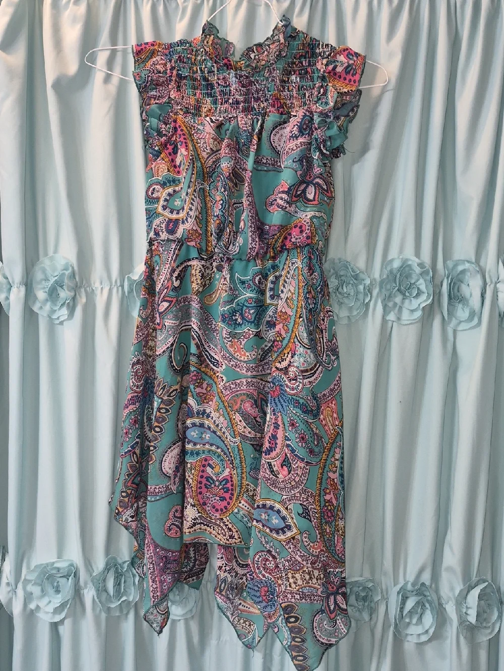 Speechless girls' turquoise  pink paisley handkerchief Asymmetrical hem Dress 8